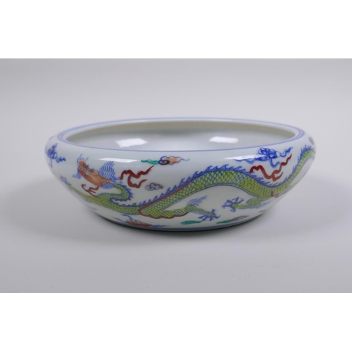 188 - A Chinese Doucai porcelain dish with rolled rim, decorated with dragons, Chenghua 6 character mark t... 