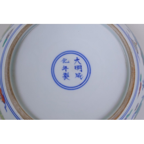 188 - A Chinese Doucai porcelain dish with rolled rim, decorated with dragons, Chenghua 6 character mark t... 