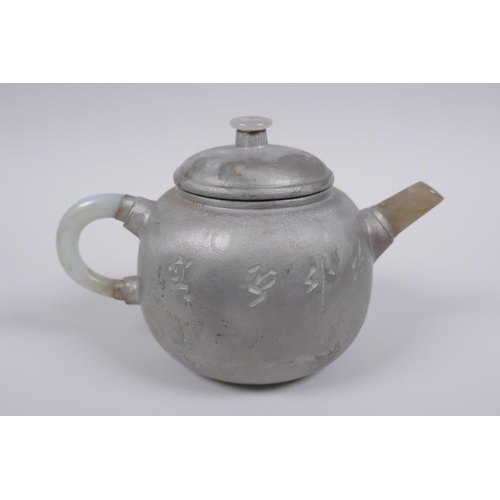 193 - A Chinese painted YiXing teapot with a grey hardstone handle and spout, impressed seal mark to base,... 