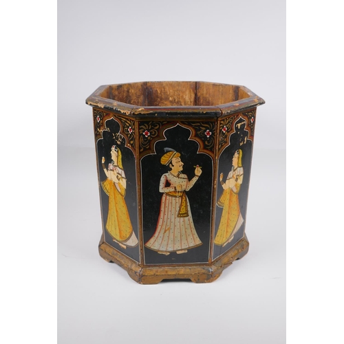 197 - An Indian octagonal wood planter with hand painted figural decoration to each panel, 31cm high