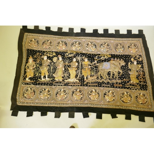 199 - An oriental stumpwork wall hanging depicting a procession with oxen and plough, 213 x 150cm