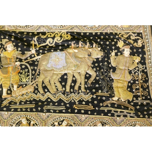 199 - An oriental stumpwork wall hanging depicting a procession with oxen and plough, 213 x 150cm