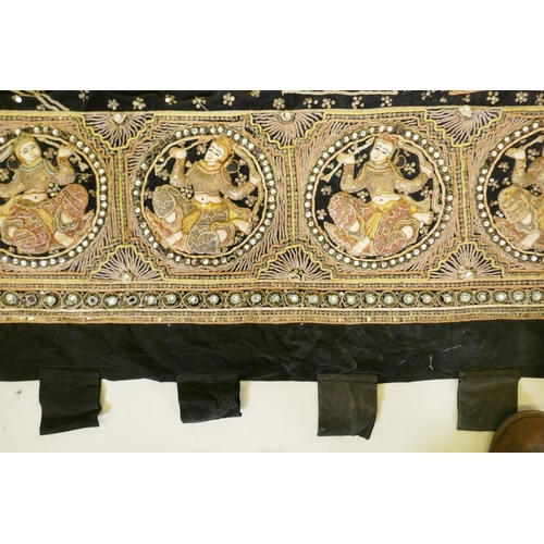 199 - An oriental stumpwork wall hanging depicting a procession with oxen and plough, 213 x 150cm