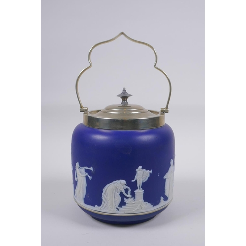 20 - A late C19th/early C20th Wedgwood Jasperware and silver plated biscuit barrel, 17cm high, 14cm diame... 