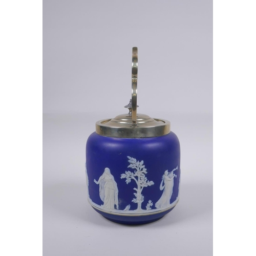 20 - A late C19th/early C20th Wedgwood Jasperware and silver plated biscuit barrel, 17cm high, 14cm diame... 