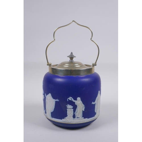 20 - A late C19th/early C20th Wedgwood Jasperware and silver plated biscuit barrel, 17cm high, 14cm diame... 