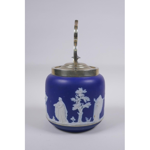 20 - A late C19th/early C20th Wedgwood Jasperware and silver plated biscuit barrel, 17cm high, 14cm diame... 