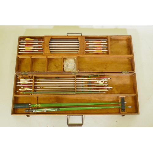 204 - Accles & Pollock Falcon archery set with metal bow and arrows, in a wood case