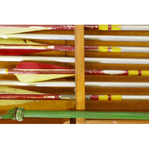 204 - Accles & Pollock Falcon archery set with metal bow and arrows, in a wood case