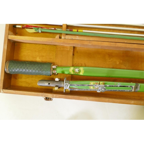 204 - Accles & Pollock Falcon archery set with metal bow and arrows, in a wood case