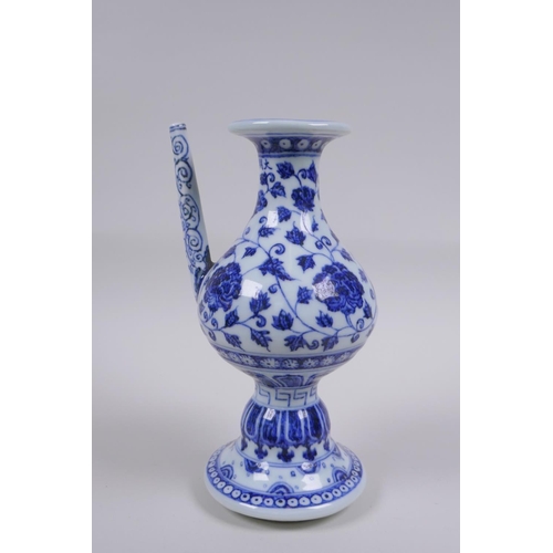 205 - A Chinese blue and white porcelain pourer with scrolling lotus flower, 22cm high, Xuande 6 character... 