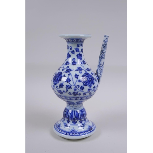 205 - A Chinese blue and white porcelain pourer with scrolling lotus flower, 22cm high, Xuande 6 character... 