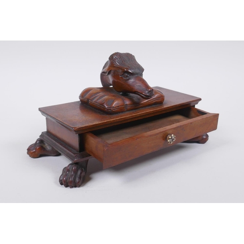 21 - A C19th mahogany Black Forest needle box with a deer head mount and carved paw feet, 20 x 10cm