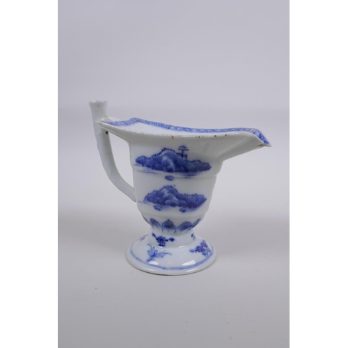 220 - An antique Chinese export ware blue and white porcelain sauce boat decorated with figures and landsc... 