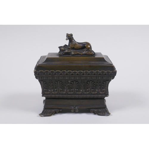 3 - A C19th Grand Tour bronze sarcophagus shaped ink well, 11 x 7cm, 11cm high