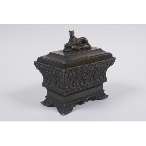 3 - A C19th Grand Tour bronze sarcophagus shaped ink well, 11 x 7cm, 11cm high