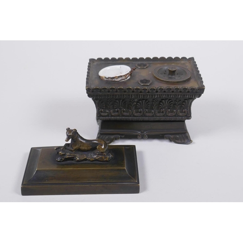 3 - A C19th Grand Tour bronze sarcophagus shaped ink well, 11 x 7cm, 11cm high