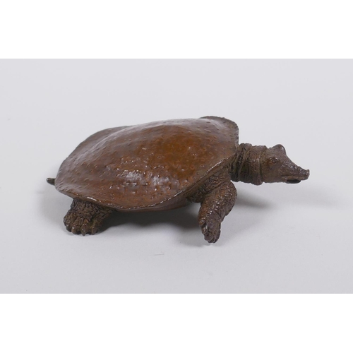 30 - A Japanese style bronze okimono tortoise, seal mark to base, 9cm long