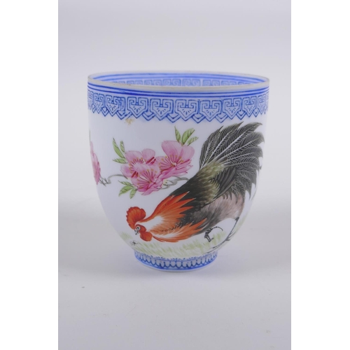 31 - A Chinese Republic period eggshell porcelain cup with hand painted cockerel decoration, signed in re... 