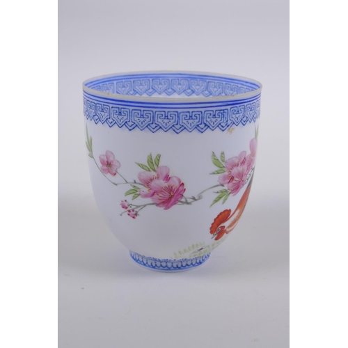 31 - A Chinese Republic period eggshell porcelain cup with hand painted cockerel decoration, signed in re... 