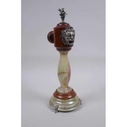 32 - A unique onyx and turned wood pepper mill with silver plated mounts, the pepper dispensed through a ... 