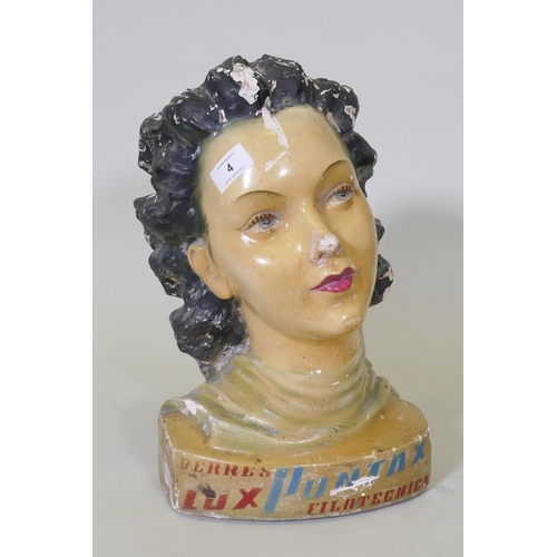 4 - An Italian papier mache and plastic advertising bust, 1930s/40s, 40cm high