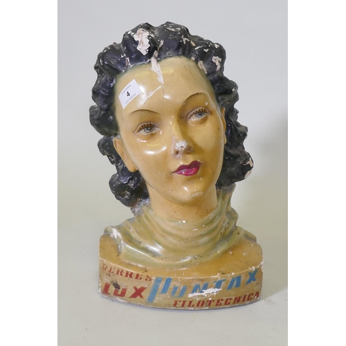 4 - An Italian papier mache and plastic advertising bust, 1930s/40s, 40cm high