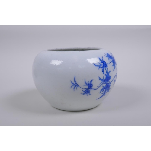 40 - A Chinese Qing dynasty blue and white porcelain pot with rolled rim and decorated with asiatic birds... 