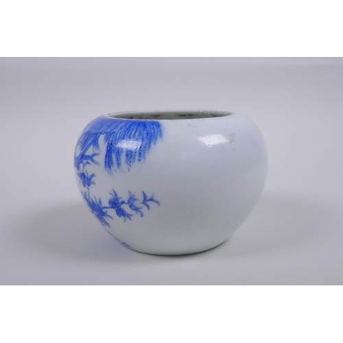 40 - A Chinese Qing dynasty blue and white porcelain pot with rolled rim and decorated with asiatic birds... 