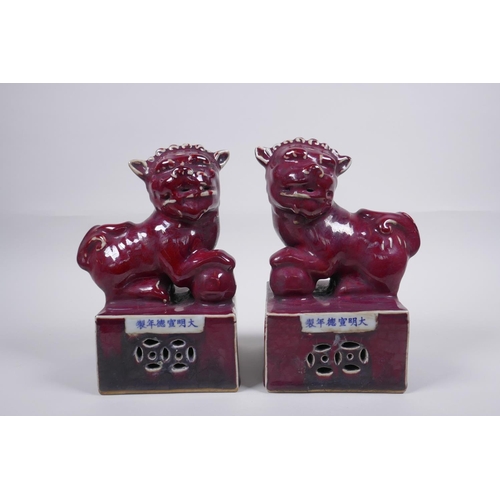 48 - A pair of sang de boeuf glazed porcelain fo dogs, Chinese Xuande 6 character mark, 21cm high