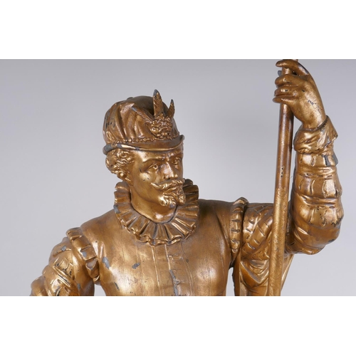 49 - A gilt spelter figural lamp in the form of a Renaissance gentleman, 86cm high