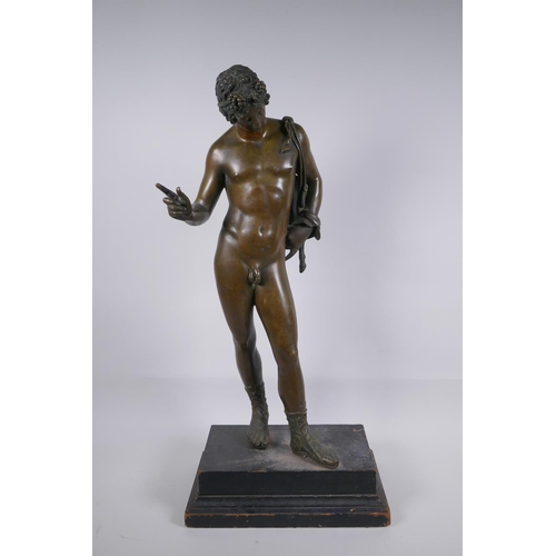 7 - A C19th Grand Tour bronze figure of Narcissus, mounted on a wooden stand, 66cm high