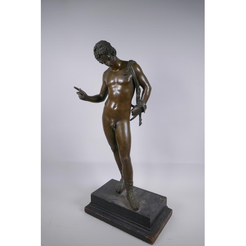 7 - A C19th Grand Tour bronze figure of Narcissus, mounted on a wooden stand, 66cm high