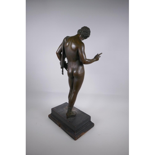 7 - A C19th Grand Tour bronze figure of Narcissus, mounted on a wooden stand, 66cm high