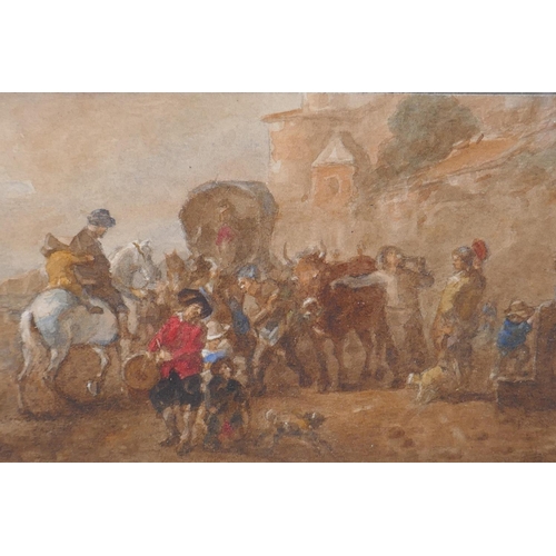 818 - An antique Dutch School watercolour, figures and horses gathered by the walls of a town, 9 x 17cm