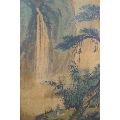 822 - A C19th Chinese watercolour on cotton depicting a seated figure at the foot of a waterfall, signed a... 