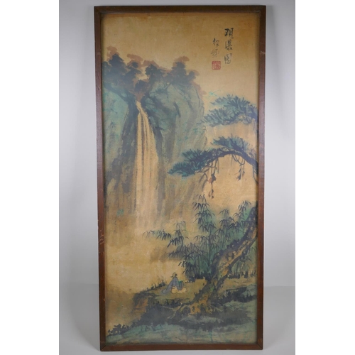 822 - A C19th Chinese watercolour on cotton depicting a seated figure at the foot of a waterfall, signed a... 