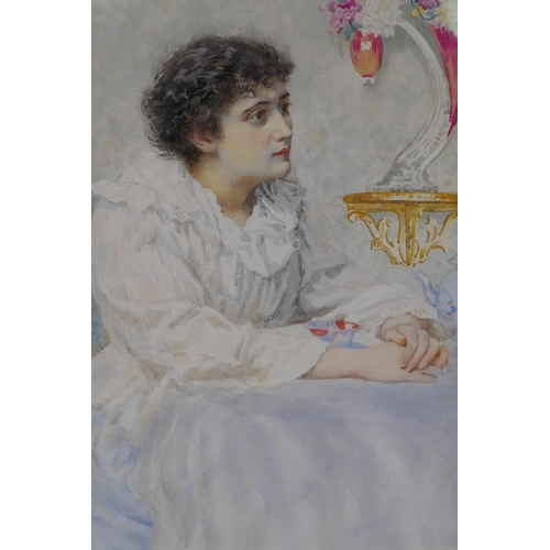 823 - G. Brown, portrait of a young lady seated at a table, signed, and dated (18) '95, watercolour, 35 x ... 