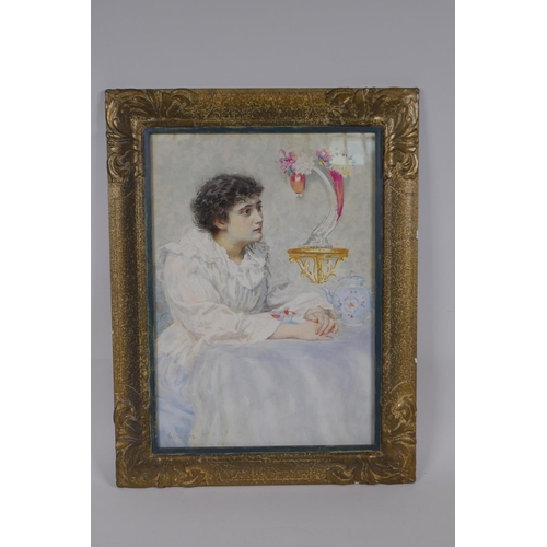 823 - G. Brown, portrait of a young lady seated at a table, signed, and dated (18) '95, watercolour, 35 x ... 