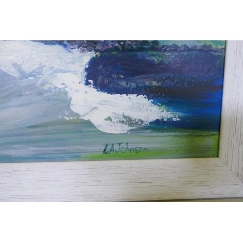 824 - L.A. Johnson, seascape, signed, oil/acrylic on board, 50 x 40cm