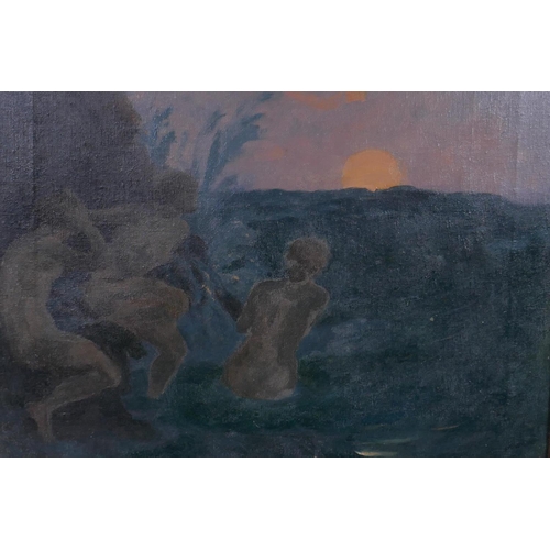 828 - Symbolist style, female bathers by moonlight, oil on canvas, 35 x 40cm