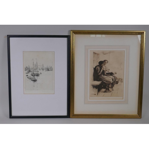 838 - Roland Langmaid, signed etching of shipping at Tower Bridge, and another etching, Hubert Herkomer, W... 