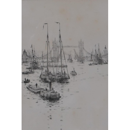 838 - Roland Langmaid, signed etching of shipping at Tower Bridge, and another etching, Hubert Herkomer, W... 