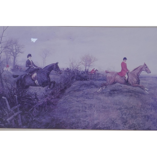 841 - In the manner of Lionel Edwards, lithoprint of horses jumping a hedgerow, 81 x 45cm