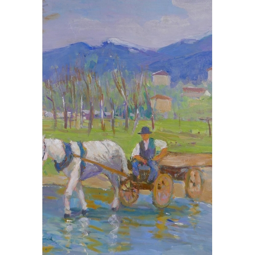 843 - Figure with horse drawn cart crossing a stream, early C20th, indistinctly signed verso, oil on board... 