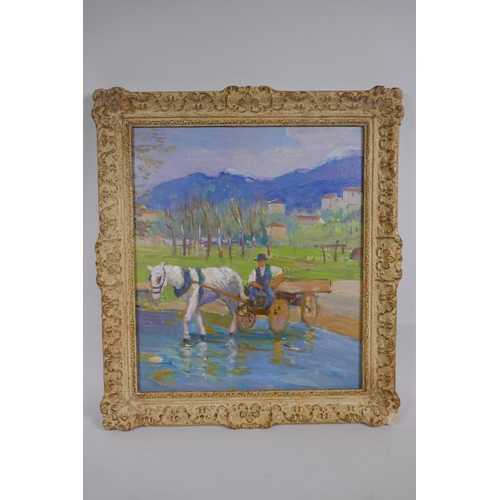 843 - Figure with horse drawn cart crossing a stream, early C20th, indistinctly signed verso, oil on board... 