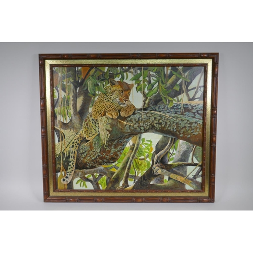 846 - Stan Bathurst, leopard lounging in the boughs of a tree, oil on board, 68 x 56cm