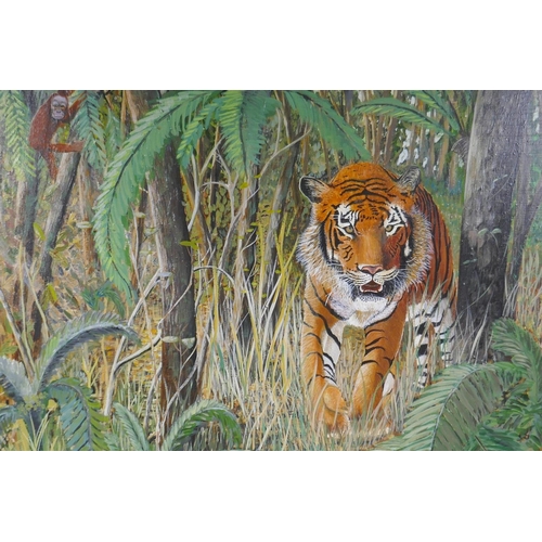 847 - Stan Bathurst, tiger stalking through the undergrowth, oil on board, 75 x 63cm