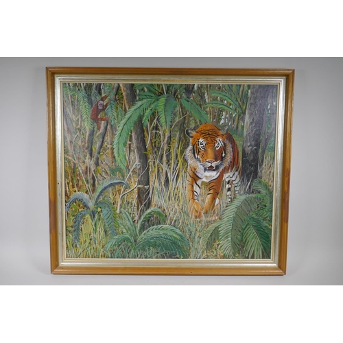 847 - Stan Bathurst, tiger stalking through the undergrowth, oil on board, 75 x 63cm