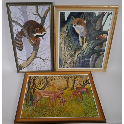 849 - Stan Bathurst, racoon in a tree, fox in a tree and deer in a glade, three oils on board, largest 50 ... 